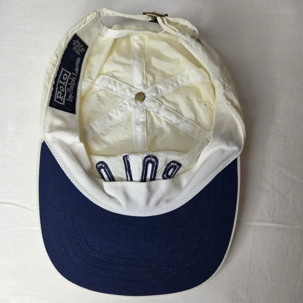Vintage Polo Ralph Lauren Nylon Strapback Hat Cream Navy Blue 90s Made in Taiwan